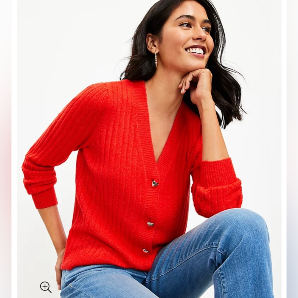 LOFT NWT Heart Button Puff Sleeve V-Neck‎ Cardigan - Red